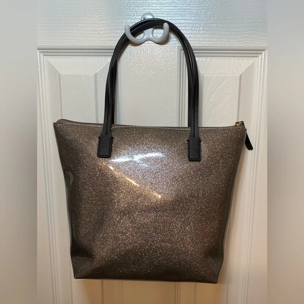 Kate Spade NY Silver Glitter with Matte Black Bow & Handles MINT Condition